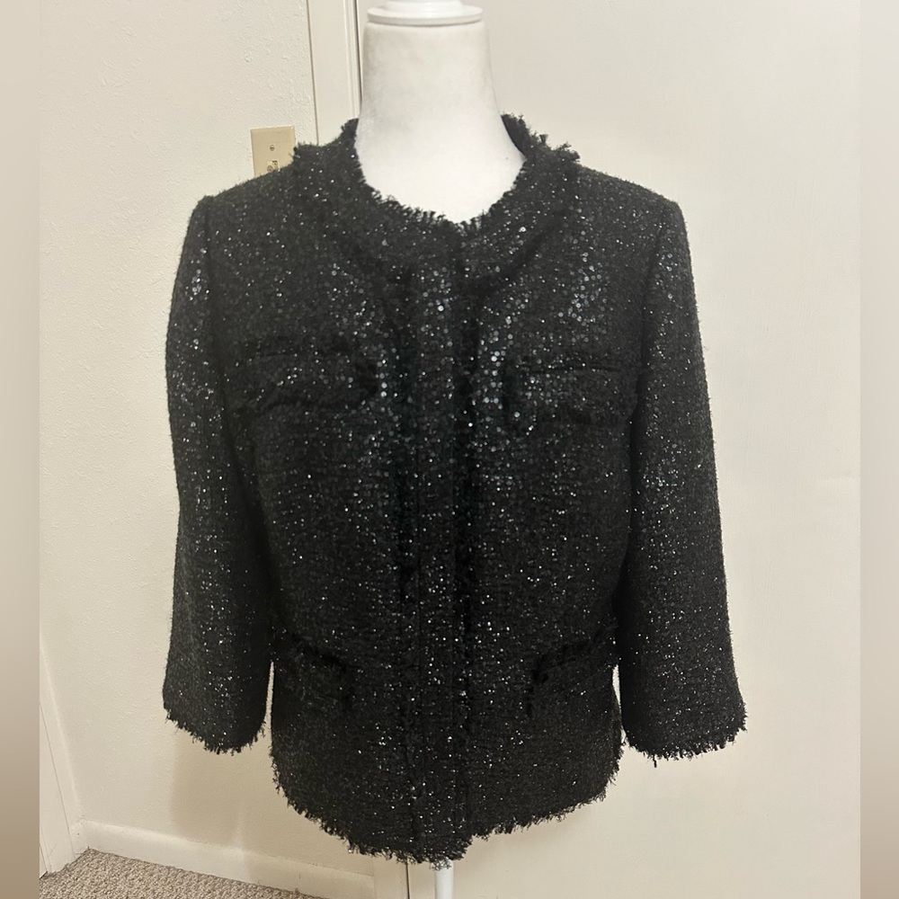 Chico's Women Black Tweed Sequin Blazer/Jacket with Fringe size 1 or small